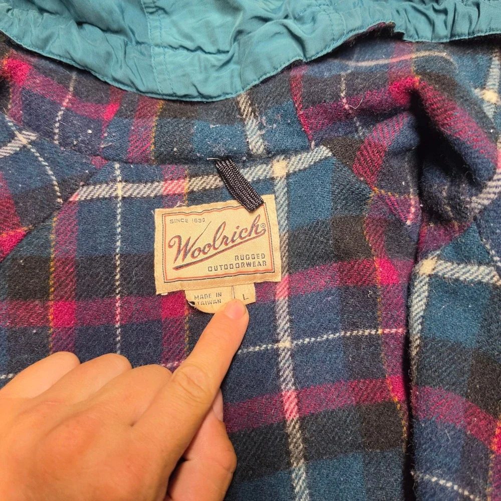Woolrich Vintage Teal Blue Plaid Flannel Lined Hooded Parka Jacket Large